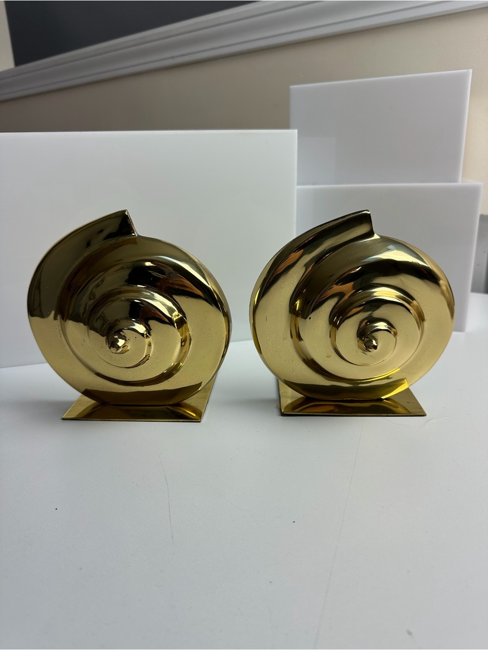 Set of Polished Brass Nautilus Shell Bookends MCM Vintage Coastal Chic